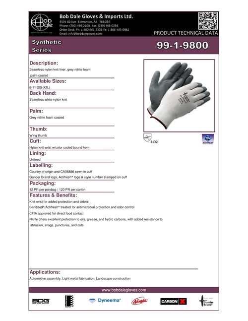 Gander® Nitrile Foam Coated Nylon Knit Glove White/Grey  99-1-9800