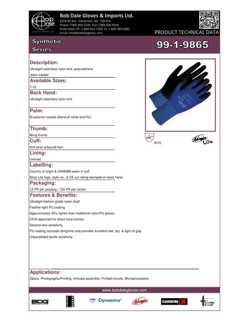 Ninja® Lite Polyurethane Coated Nylon Knit Glove Blue/Black  99-1-9865