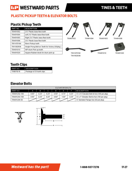 Westward 2-1/2" Straight Plastic Pickup Tooth  TIN491006