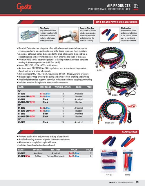 12' ABS Electrical Lead & Two Black Air Lines w/Red & Blue Anodized Grips - Black  81-3112
