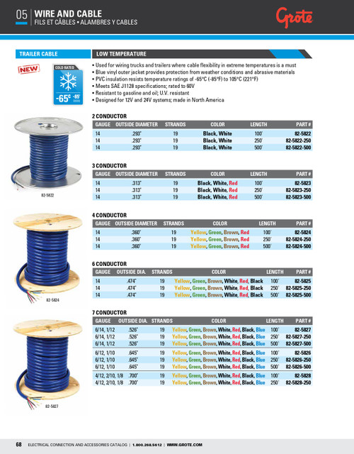 4/12 2/10 1/8 AWG Trailer Cable Low-Temp 7 Conductor @ 250' - Black/Blue/Brown/Green/Red/White/Yellow  82-5828-250