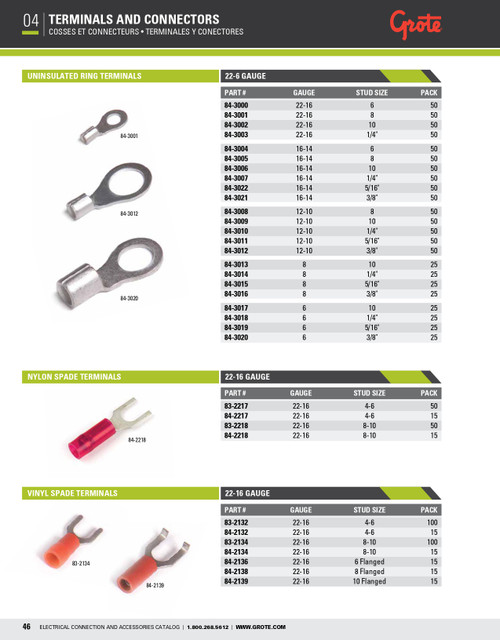 22 - 16 AWG Vinyl Spade Terminals #8 - #10 @ 100 Pack - Red  83-2134