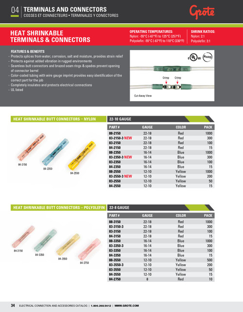 16 - 14 AWG Heat Shrinkable Butt Connectors - Polyolefin @ 300 Pack - Blue  83-3350-3