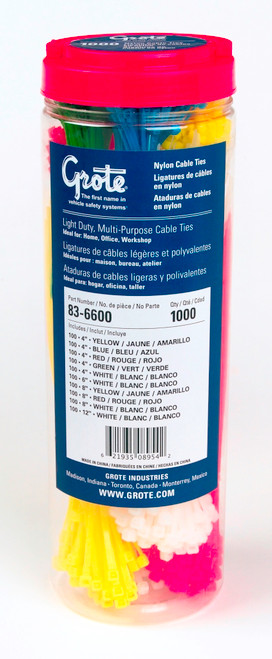 Nylon Cable Tie Assortment Canister @ 1000 Pack - Blue/Green/Red/White/Yellow  83-6600