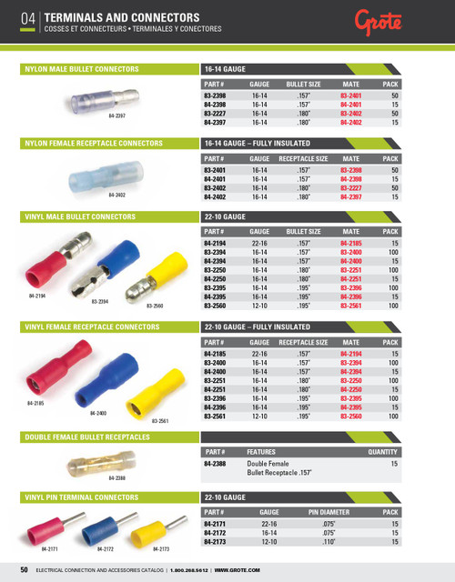 26 - 24 AWG Double Bullet Receptacle Female .157" @ 15 Pack - Yellow  84-2388