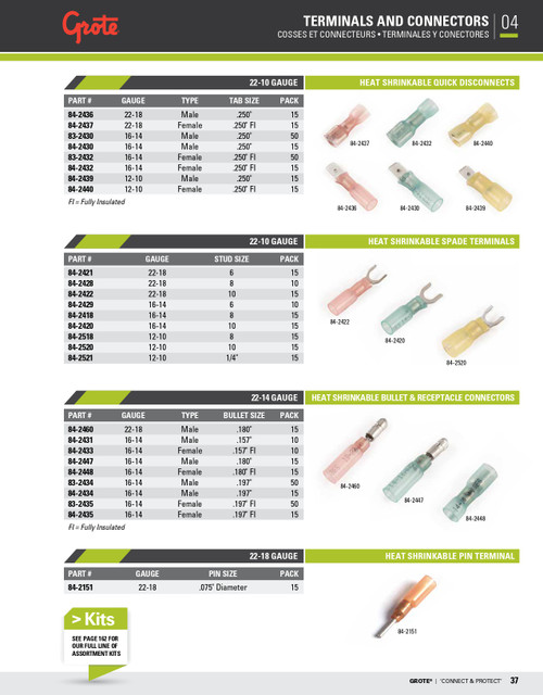 22 - 18 AWG Heat Shrinkable Bullet & Receptacle Connectors Male .180" @ 15 Pack - Red  84-2460