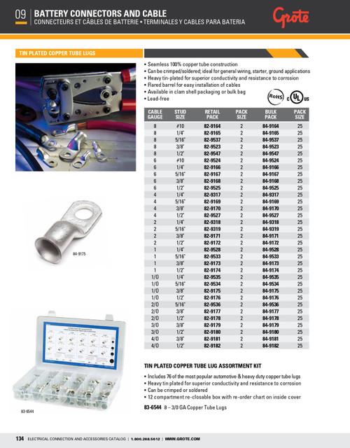 8 AWG Tin Plated Copper Tube Lugs #10 @ 25 Pack  84-9164
