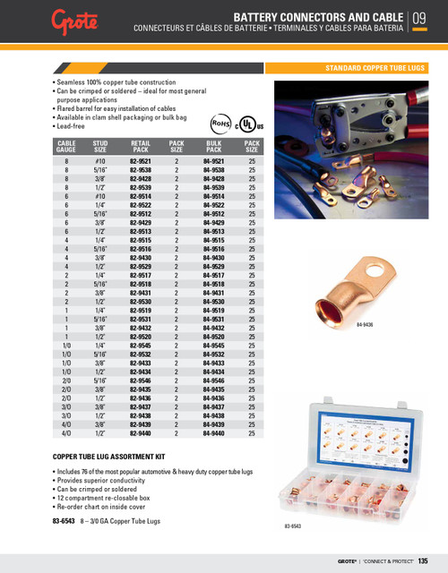 8 AWG Standard Copper Tube Lugs #10 @ 25 Pack  84-9521