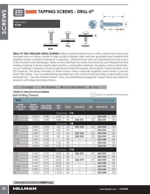 #8 x 1-1/2" Drill-X® Pan Head Steel Tapping Screw 100 Pc.   232-036
