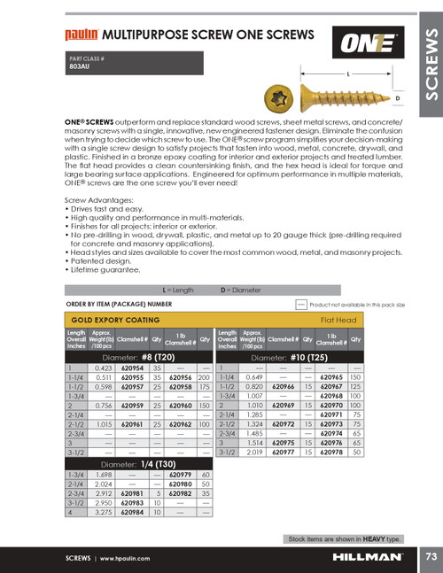 1/4" x 3-1/2" One® Multi-Purpose Countersunk Screw 10 Pc.   620983