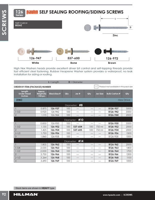 #10 x 1" Hex Head Steel Self Sealing Roofing/Siding Screw 3000 Pc.   B126-950