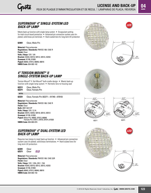 4" Torsion Mount® II Single-System Backup Lamp Kit w/Female Pin (62271 + 91740 + 67010) - Clear  62331