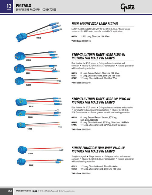 11" Stop/Tail/Turn Three-Wire Female Pin Pigtail w/.180" Bullet Connectors & Ring Terminal Wire  67002