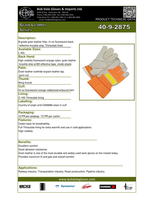 Winter Grain Cowhide Canvasback Fitter Thinsulate® C100 Hi-Viz Orange  40-9-2875