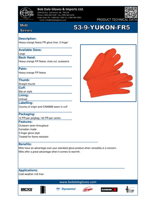 Nomex® FR Fleece Glove Liner Hi-Viz Orange  53-9-YUKON-FR5