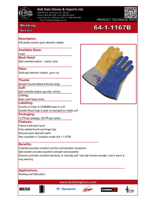 Split Deerskin Tig Weld Glove Fleece Lined Backhand w/5" Split Cowhide Gauntlet Blue/Gold  64-1-1167B