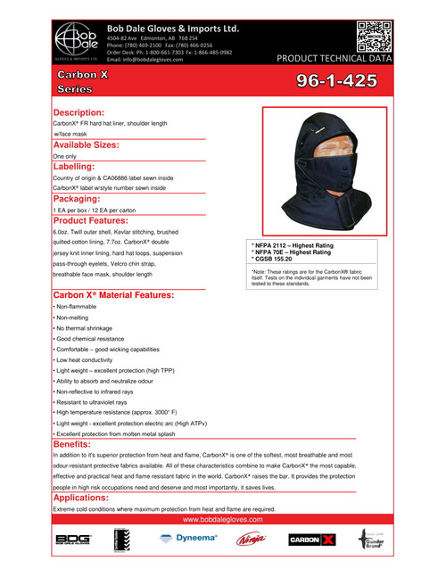 Carbon X® FR Hard Hat Liner Shoulder Length w/Face Mask  96-1-425