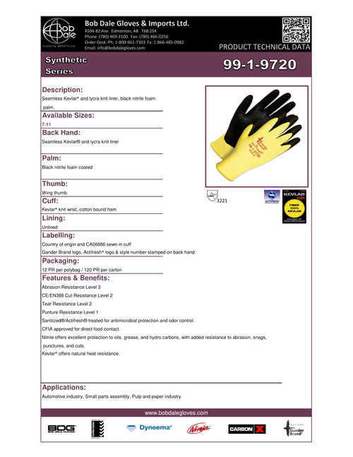 Gander® Nitrile Foam Coated Kevlar® Knit Cut-Rez Glove Yellow/Black  99-1-9720