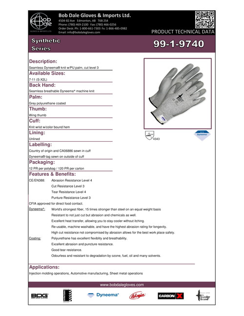 Gander® Polyurethane Coated Dyneema® Knit Cut-Rez Glove Grey  99-1-9740