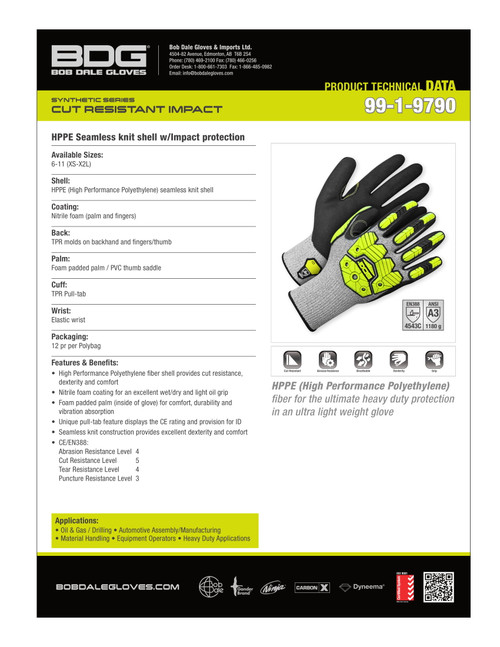BDG® Nitrile Foam Coated HPPE Knit Cut-Rez Glove w/ Hi-Viz Yellow Impact  99-1-9790