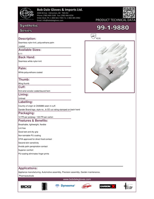 Gander® Polyurethane Coated Nylon Knit Glove White  99-1-9880