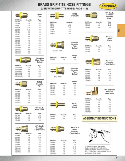 3/4 x 3/4" Brass Grip-Tite Hose Barb - Female Swivel 45° SAE Connector  728-1212