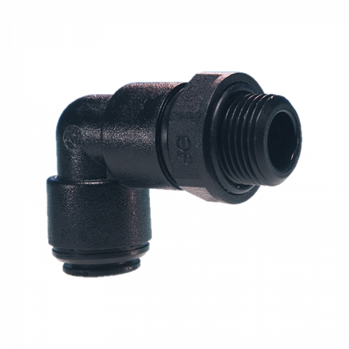8mm x 1/4" JG® Black Acetal Push-To-Connect - Male BSPP Swivel 90° Elbow  PM090812E