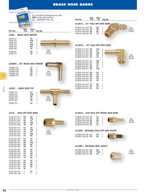 3/8 x 3/8" Brass Hose Barb - Male NPT Swivel Coupler   G21BLM-038-038