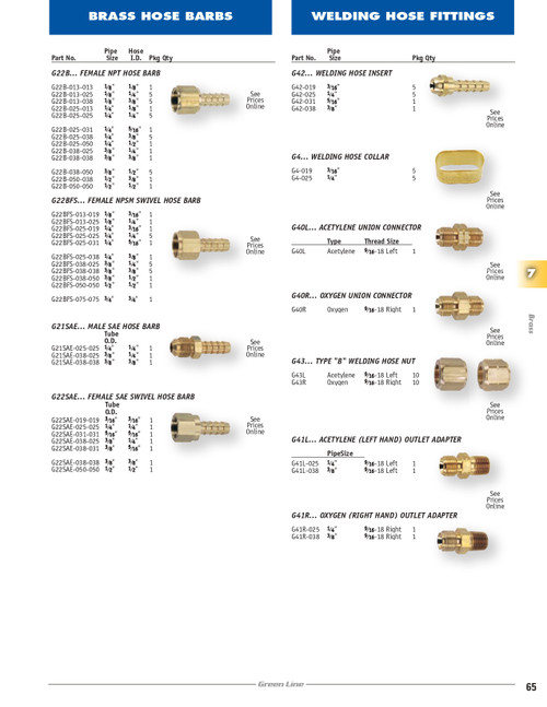 1/4 x 3/8" Brass Hose Barb - Male 45° SAE Flare Coupler   G21SAE-038-025