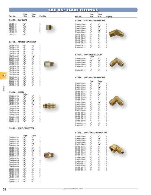 1/4 x 1/4" Brass Male NPT - Male 45° SAE Flare Connector   G1416-04-04