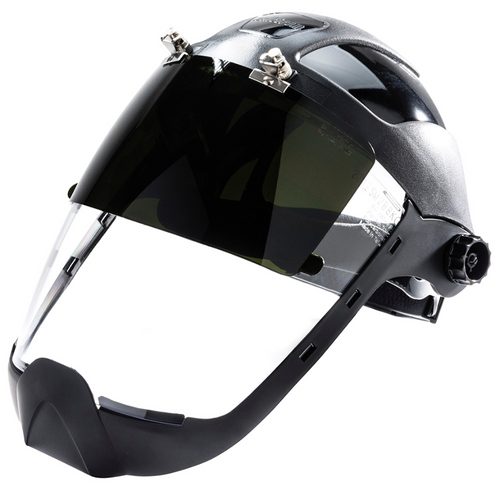 Sellstrom® DP4 Series Black Crown & Chin Guard - Sta-Clear® AF/AS Face Shield & Ratcheting Headgear - IR 5.0 Flip-Up Visor  S32251