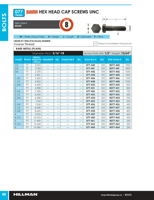 5/16"-18 x 4-1/2" UNC Grade 8 Bare Hex Head Cap Screw 100 Pc.   077-460