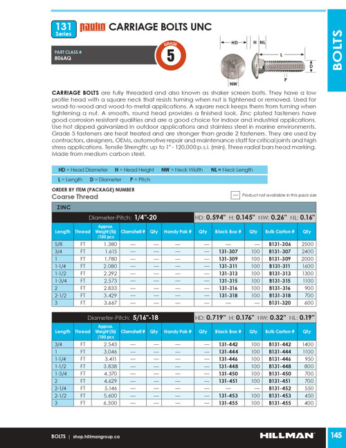 5/16"-18 x 1-1/4" UNC Grade 5 Zinc Plated Carriage Bolt 100 Pc.   131-446