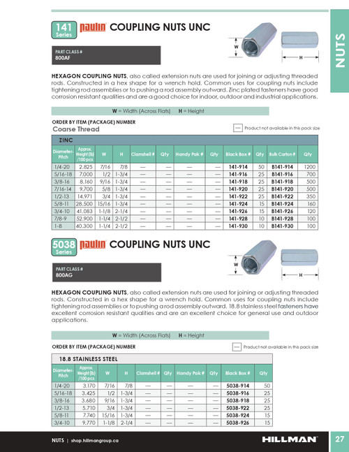 3/8"-16 UNC Zinc Plated Coupling Nut 25 Pc.   141-918