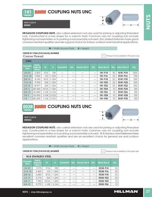 7/16"-14 UNC Zinc Plated Coupling Nut 500 Pc.   B141-920