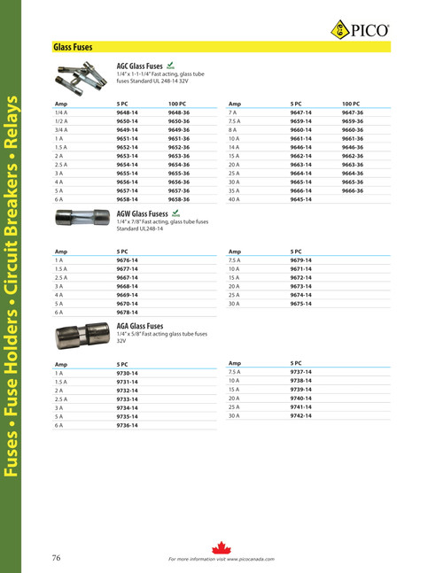 5 Pc. 25A AGW Glass Fuses  9674-14