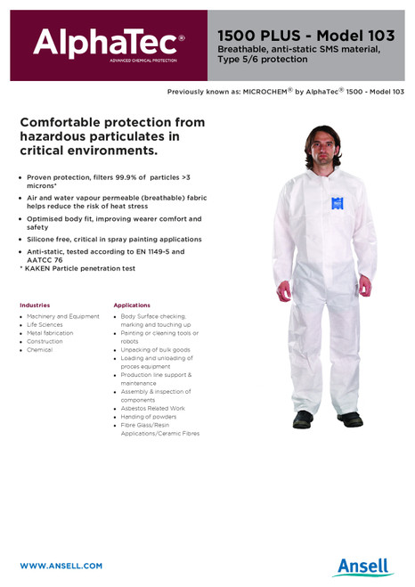 Ansell AlphaTec® 1500+ Series General Duty Anti-Static Chemical Suit w/Collar  WH15-S-92-103