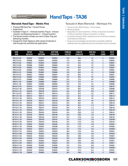 M12.0 - 1.00 HSS Warwick® Hand Tap Set   TA36121