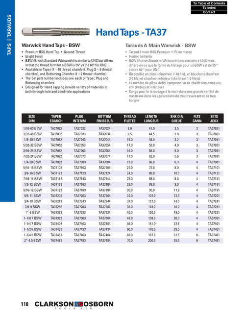 1/16"-60 BSW HSS Warwick® Taper Hand Tap   TA37022