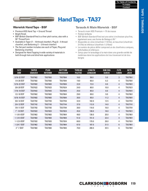 1-1/8"-9 BSF HSS Warwick® Hand Tap Set   TA37861