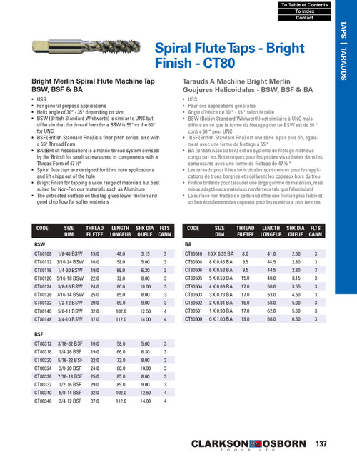 1/2"-16 BSF HSS Bright Merlin® Spiral Flute Machine Tap   CT80332