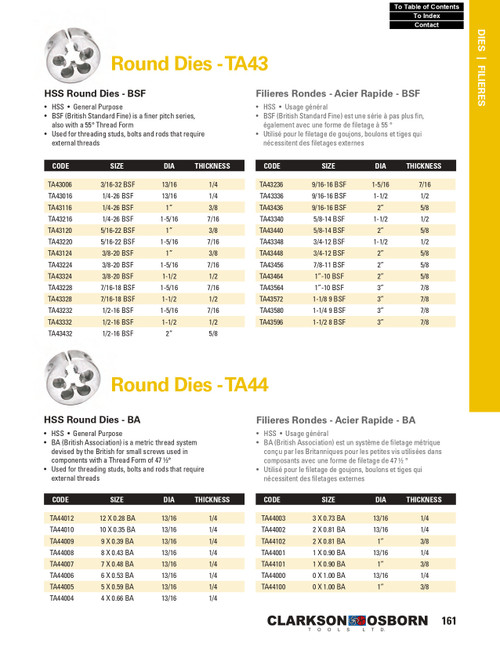 5/16"-22 BSF x 1-5/16" HSS Round Die   TA43220