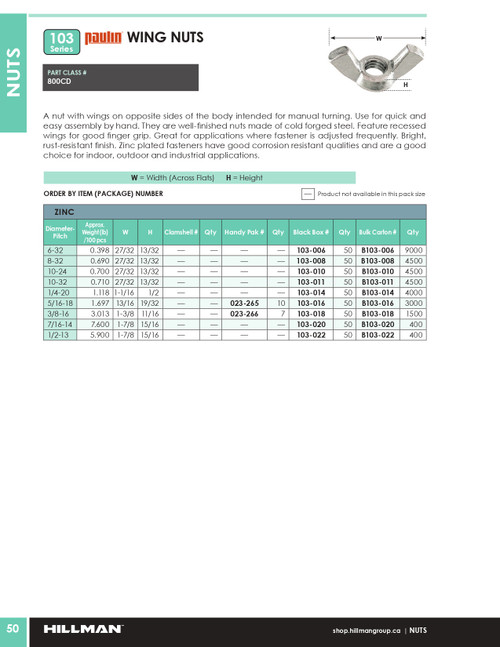 1/2"-13 UNC Zinc Plated Wing Nut 50 Pc.   103-022