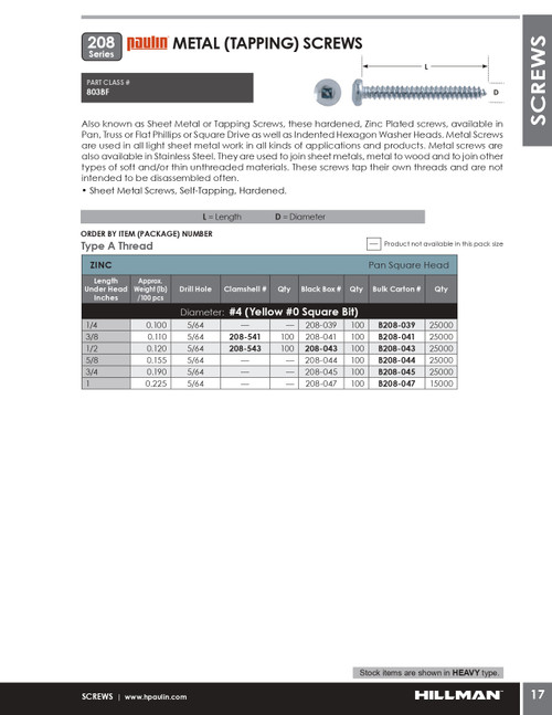 #4 x 1/2" Pan Head Steel Tapping Screw 100 Pc.   208-043