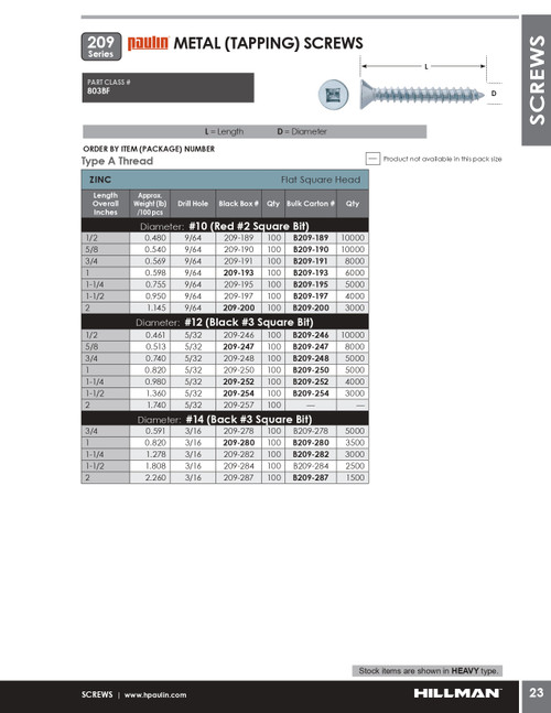 #10 x 2" Countersunk Steel Tapping Screw 100 Pc.   209-200