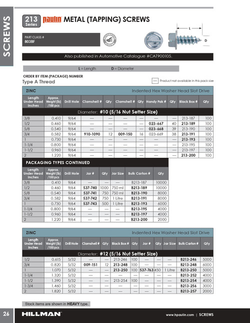 #12 x 1" Hex Head Steel Tapping Screw 5000 Pc.   B213-250