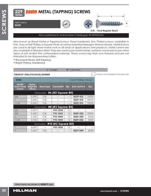 #8 x 1/2" Oval Head Steel Tapping Screw 15 Pc.   910-1030
