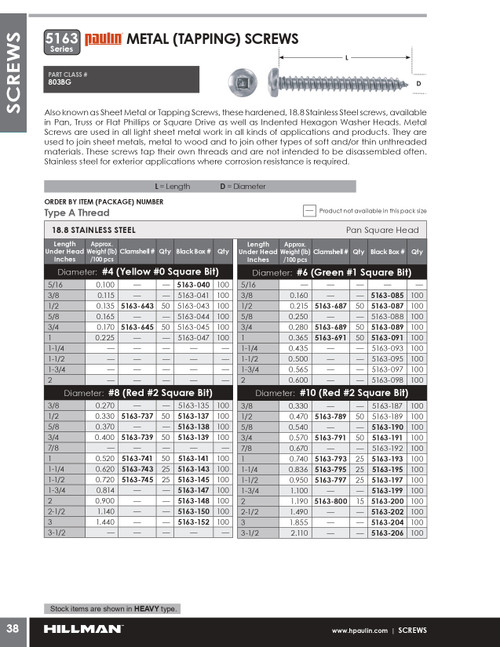 #8 x 1/2" Pan Head Stainless Steel Tapping Screw 100 Pc.   5163-137