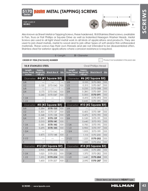 #10 x 1/2" Oval Head Stainless Steel Tapping Screw 100 Pc.   5170-189