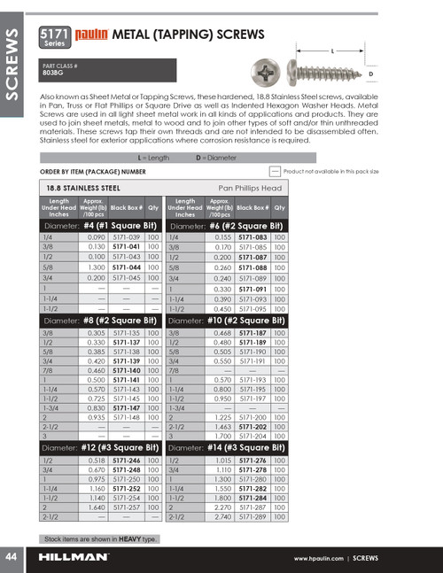 #8 x 7/8" Pan Head Stainless Steel Tapping Screw 100 Pc.   5171-140